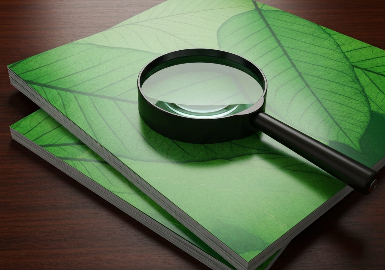 A magnifying glass resting on green marketing brochures, representing scrutiny of unsubstantiated environmental claims