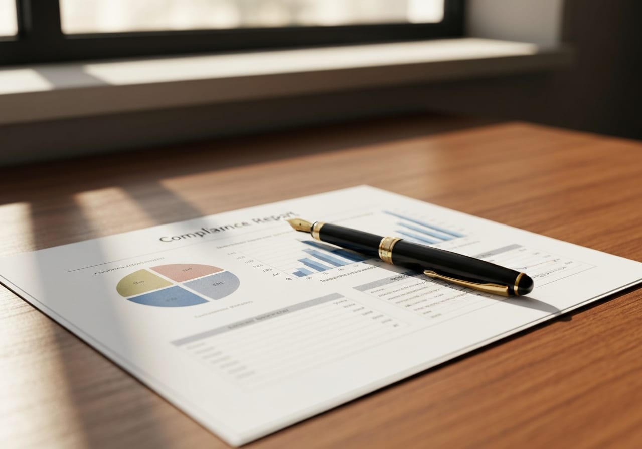 Un rapport de conformité imprimé avec des graphiques sur un bureau