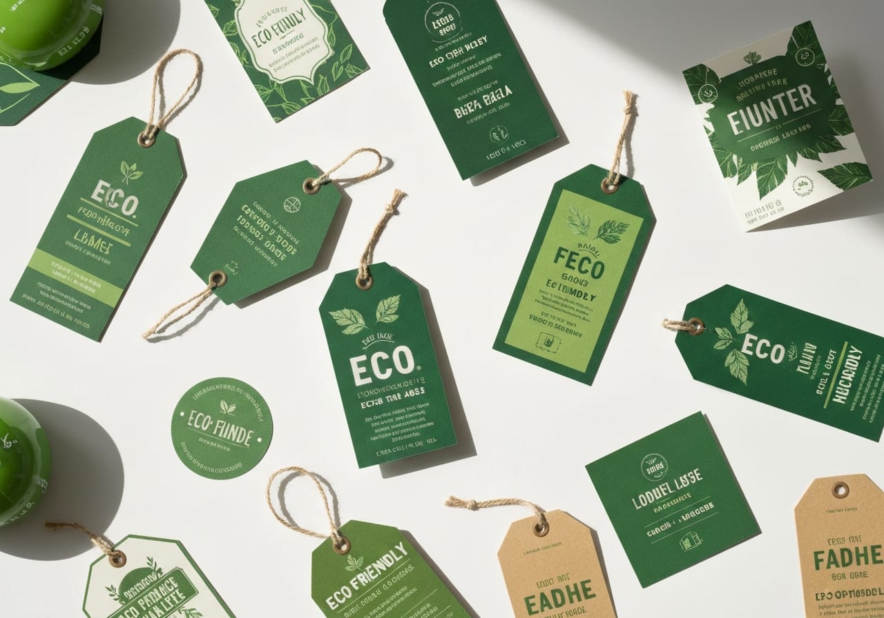 Étiquettes produits écologiques disposées sur une surface blanche