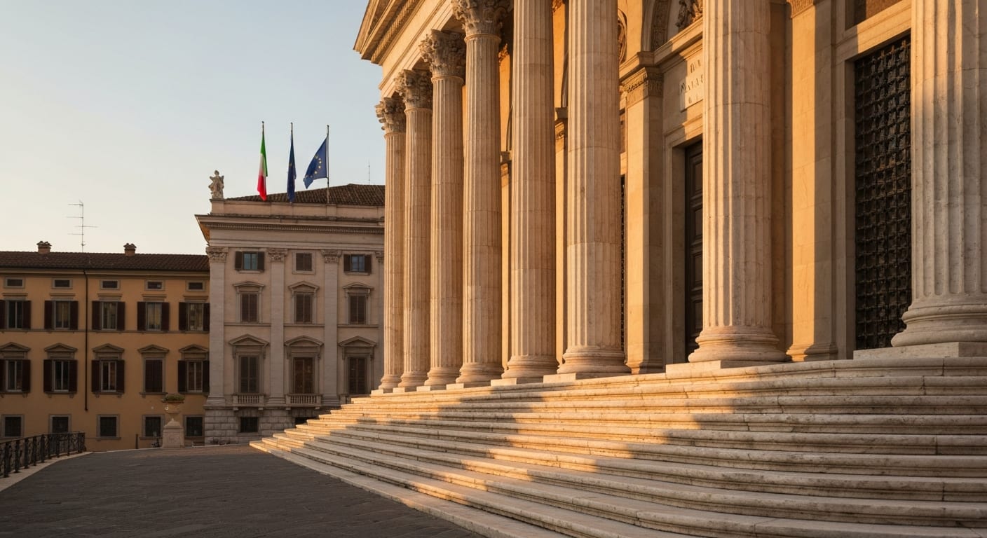 Fachada neoclásica de un edificio gubernamental italiano al atardecer, símbolo de la autoridad reguladora que aplica el nuevo decreto italiano contra el greenwashing de 2026