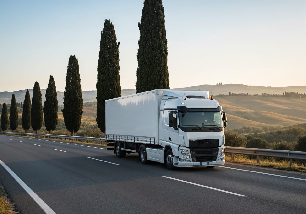 Autopista italiana al amanecer con un camión logístico — el sector del transporte en el que la AGCM impuso la multa más alta de 2025 (GLS 8 M€)