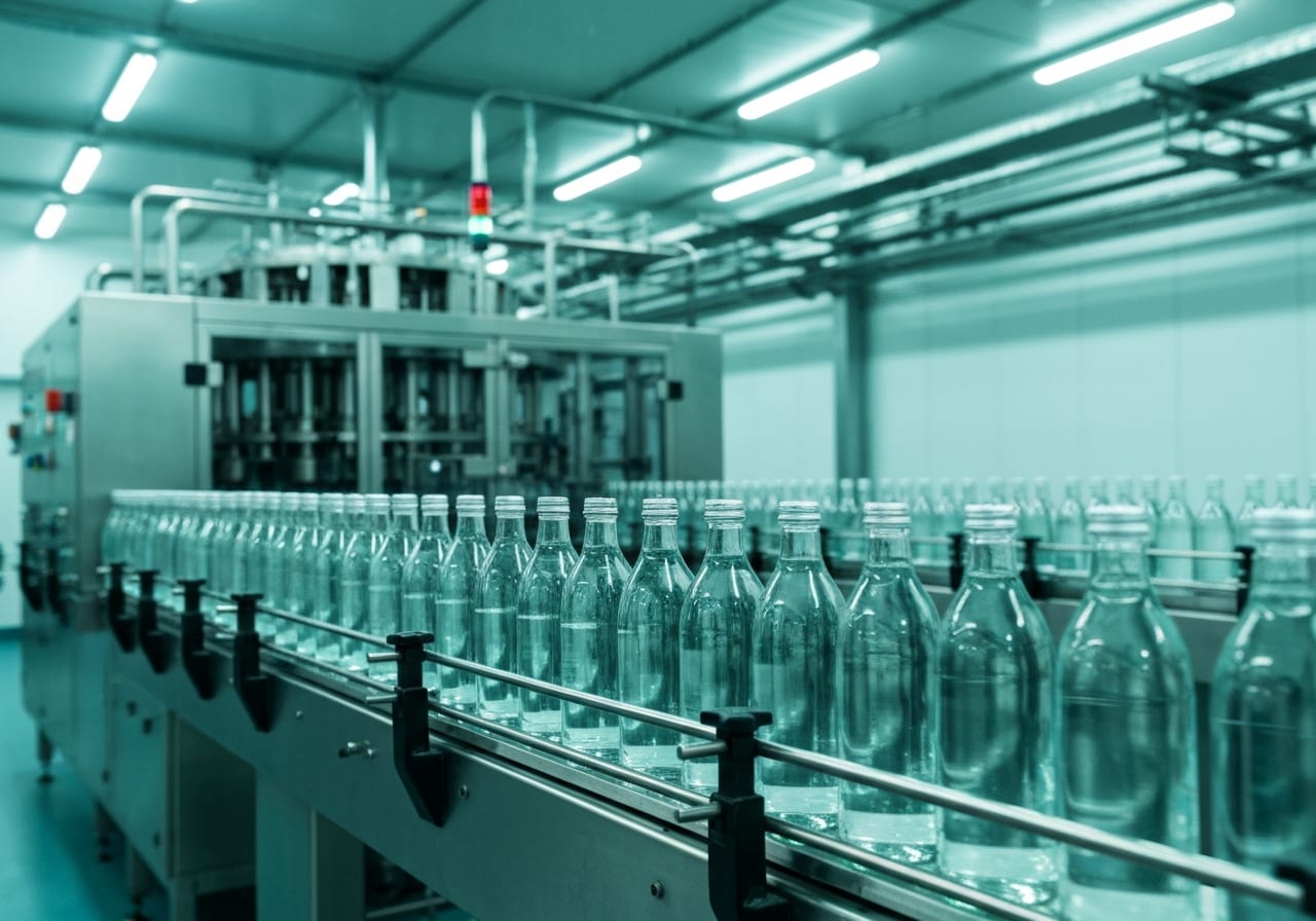 Línea de embotellado de agua mineral italiana — el sector del agua es una de las prioridades de aplicación de la AGCM, con los casos de Ferrarelle y San Benedetto