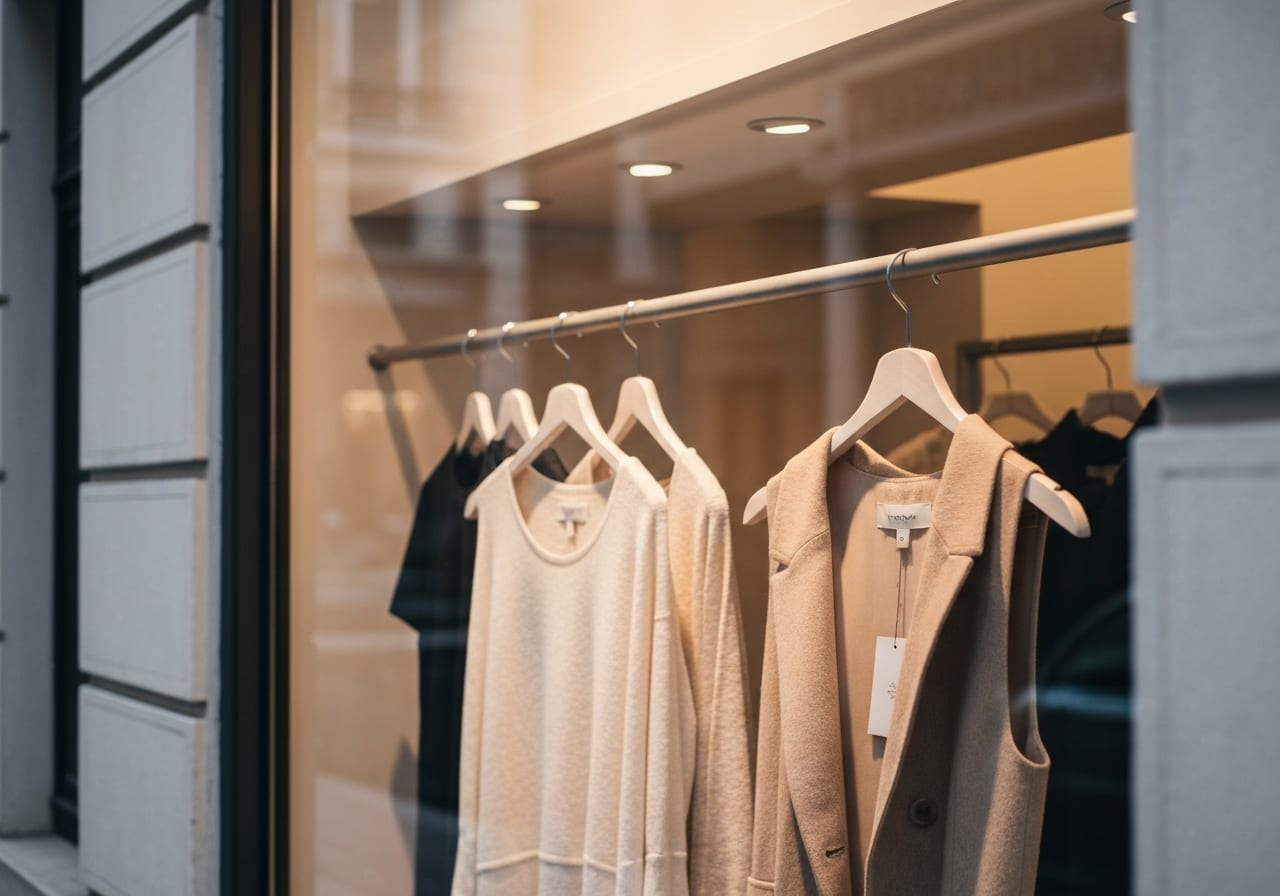 Escaparate de boutique de moda italiana con prendas en perchas minimalistas — el sector textil es una de las prioridades históricas de la AGCM en afirmaciones ambientales engañosas