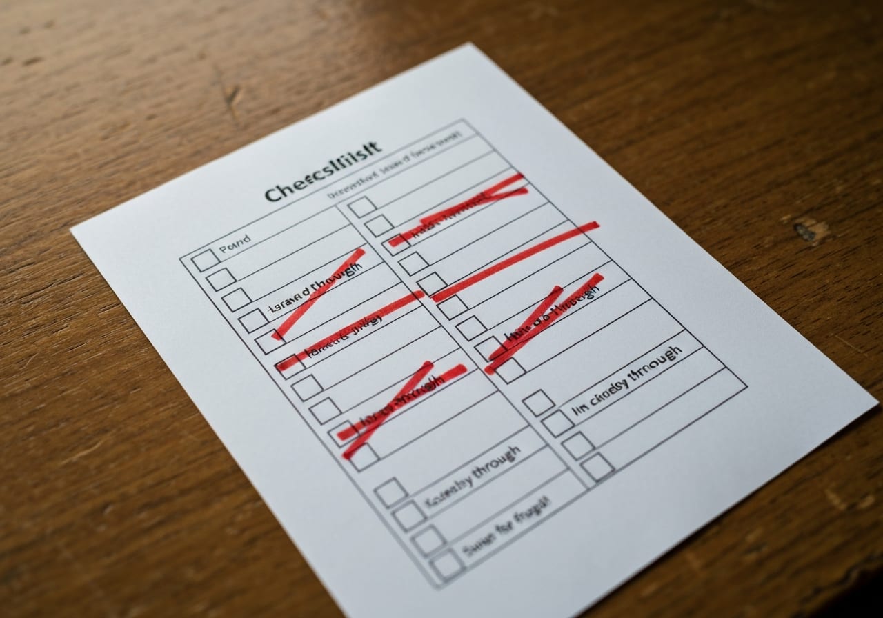 A printed checklist with several lines struck through in red ink