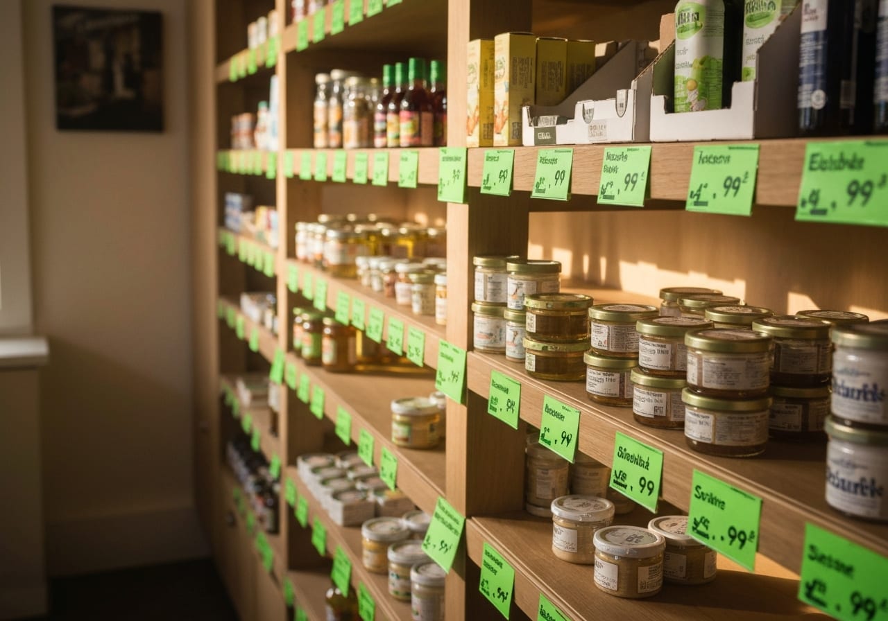 A retail shelf with green-labelled products and price tags