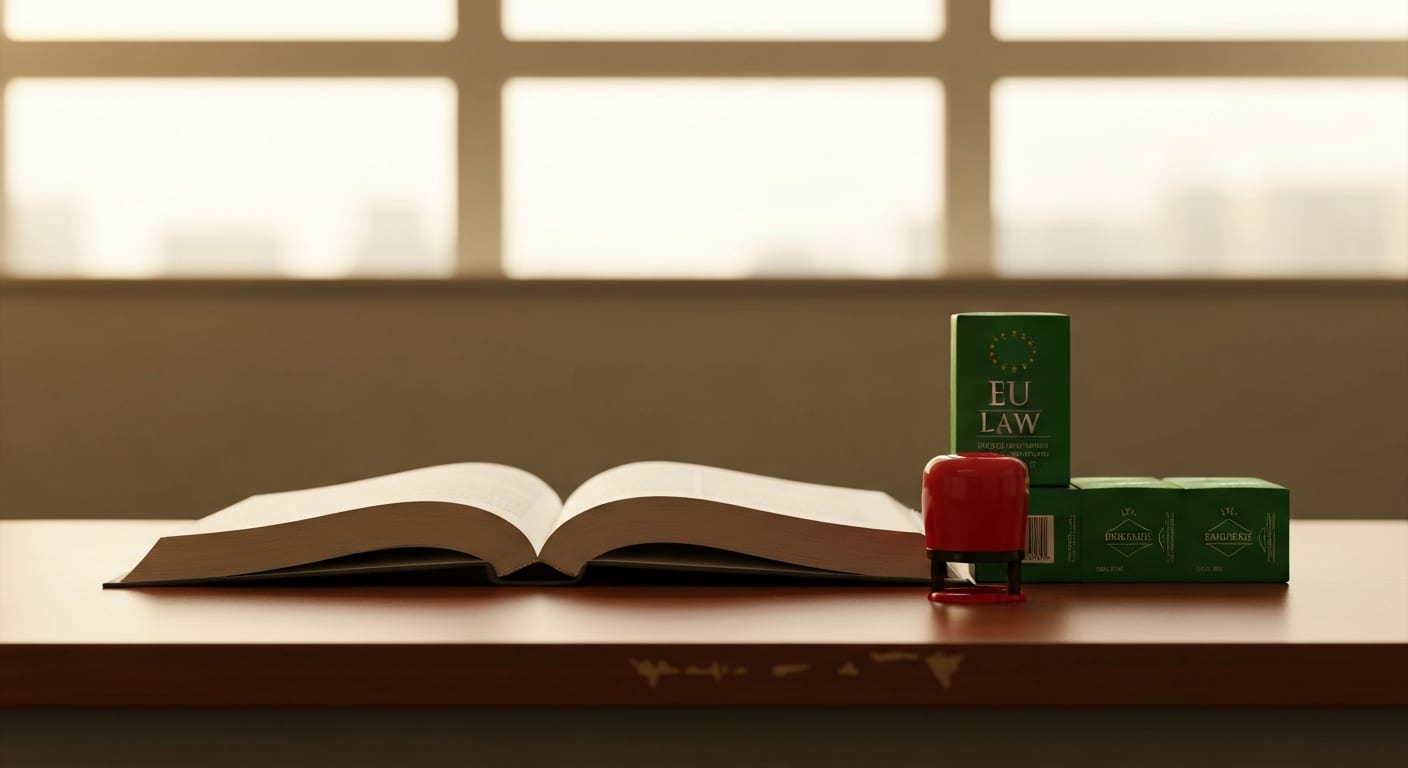 An open EU law book beside a red stamp and green-labelled products