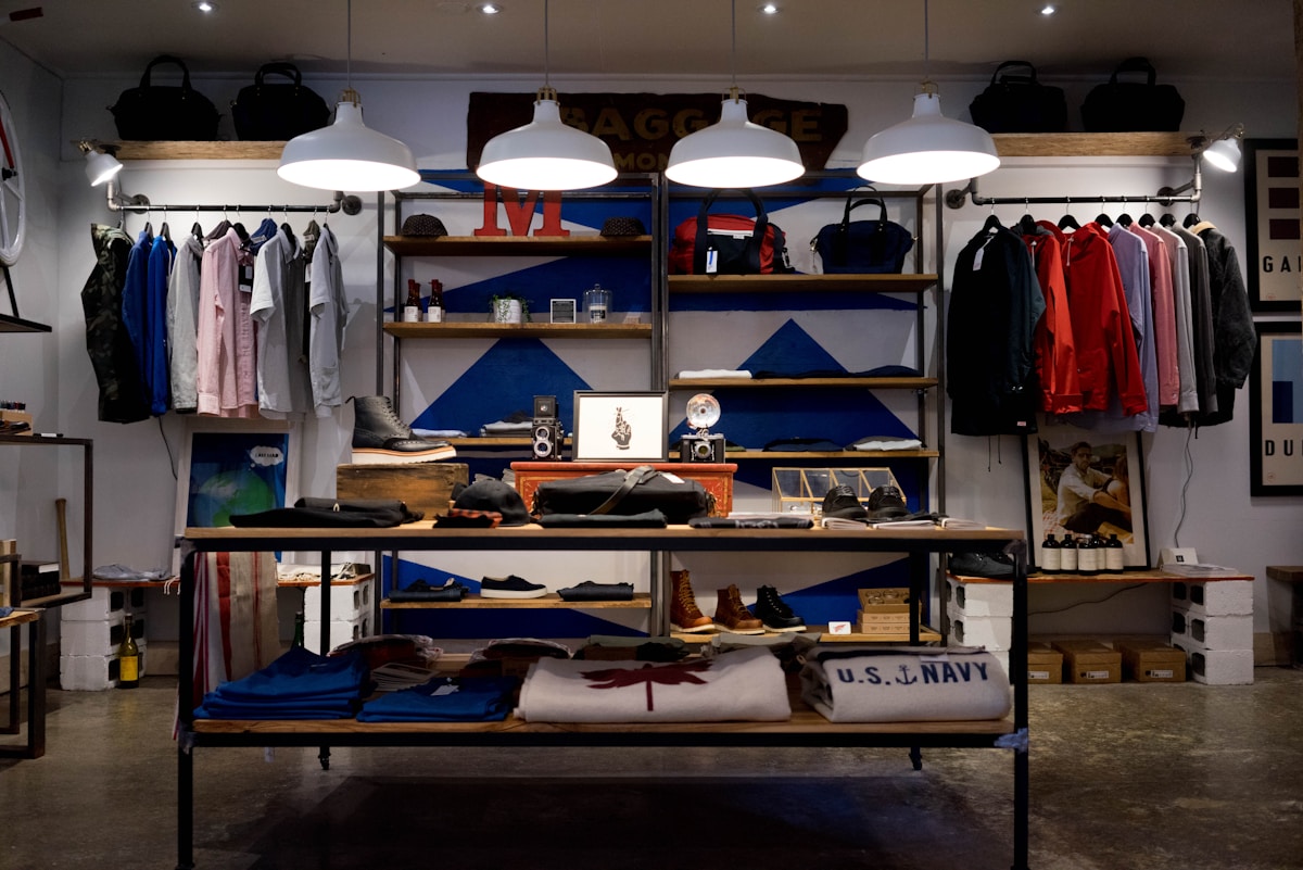 Intérieur de boutique premium avec vêtements et sacs soigneusement présentés sous suspensions industrielles — la surface e-commerce où se concentre l'essentiel des allégations de greenwashing