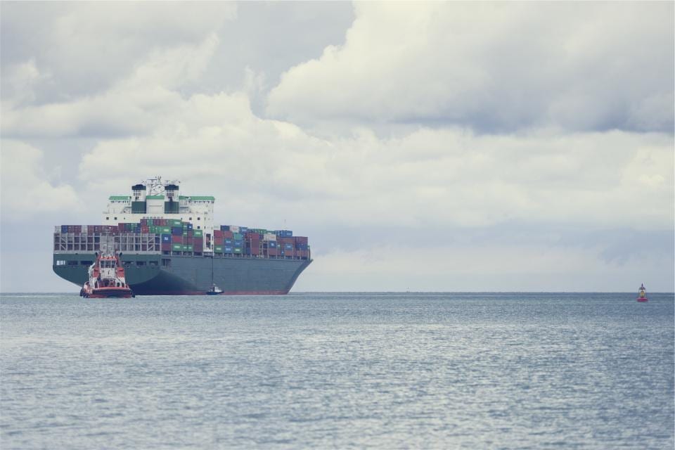 Una grande nave portacontainer in arrivo in un porto europeo, la via con cui i prodotti di fabbricanti extra UE raggiungono gli acquirenti nell'UE