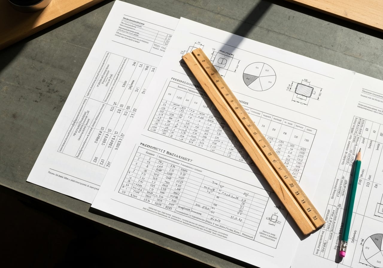 Ein technisches Datenblatt mit Diagrammen und Tabellen auf einem Zeichentisch