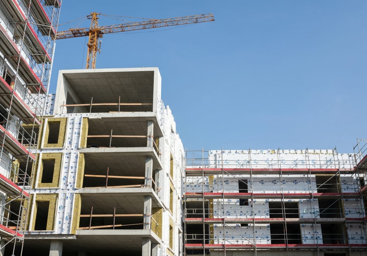 Eine moderne Gebäudefassade im Bau mit sichtbaren Dämmplatten