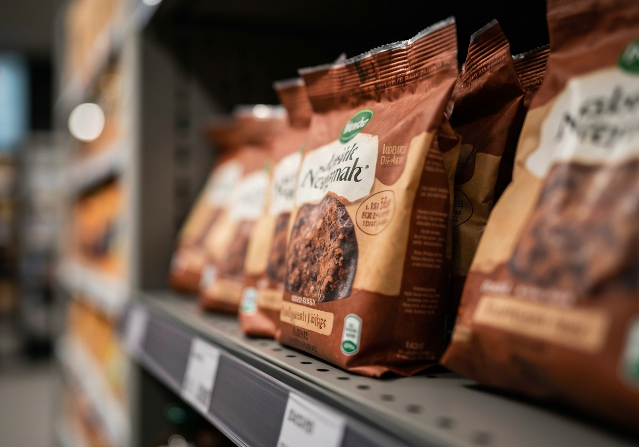Primer plano de una estantería de alimentación envasada que muestra múltiples afirmaciones medioambientales — natural, sostenible, klimaneutral, reciclable — en un solo producto